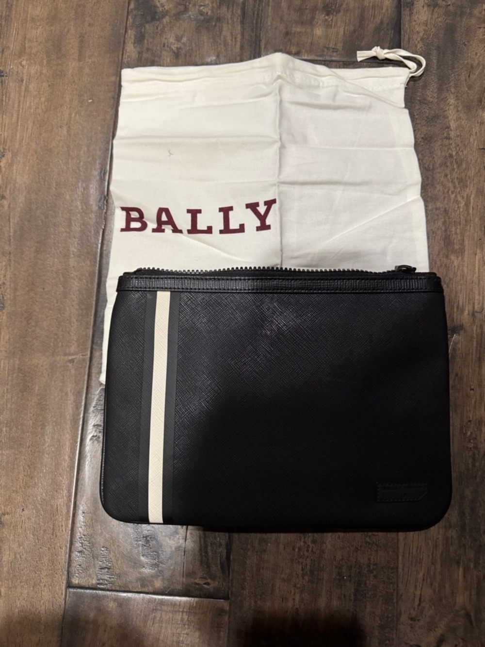 Bally Black Leather Toiletry Pouch with Cream Racing Stripes